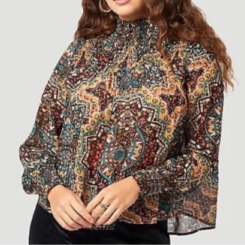 Boho Print Smocked Neck Long Sleeve Top - Multicolor
